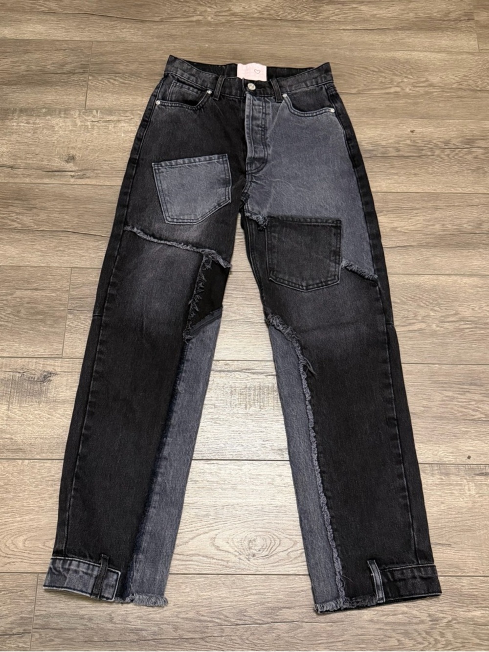 REVICE Love at First Sight Button Fly Black Denim Patchwork Jeans Womens Sz 26